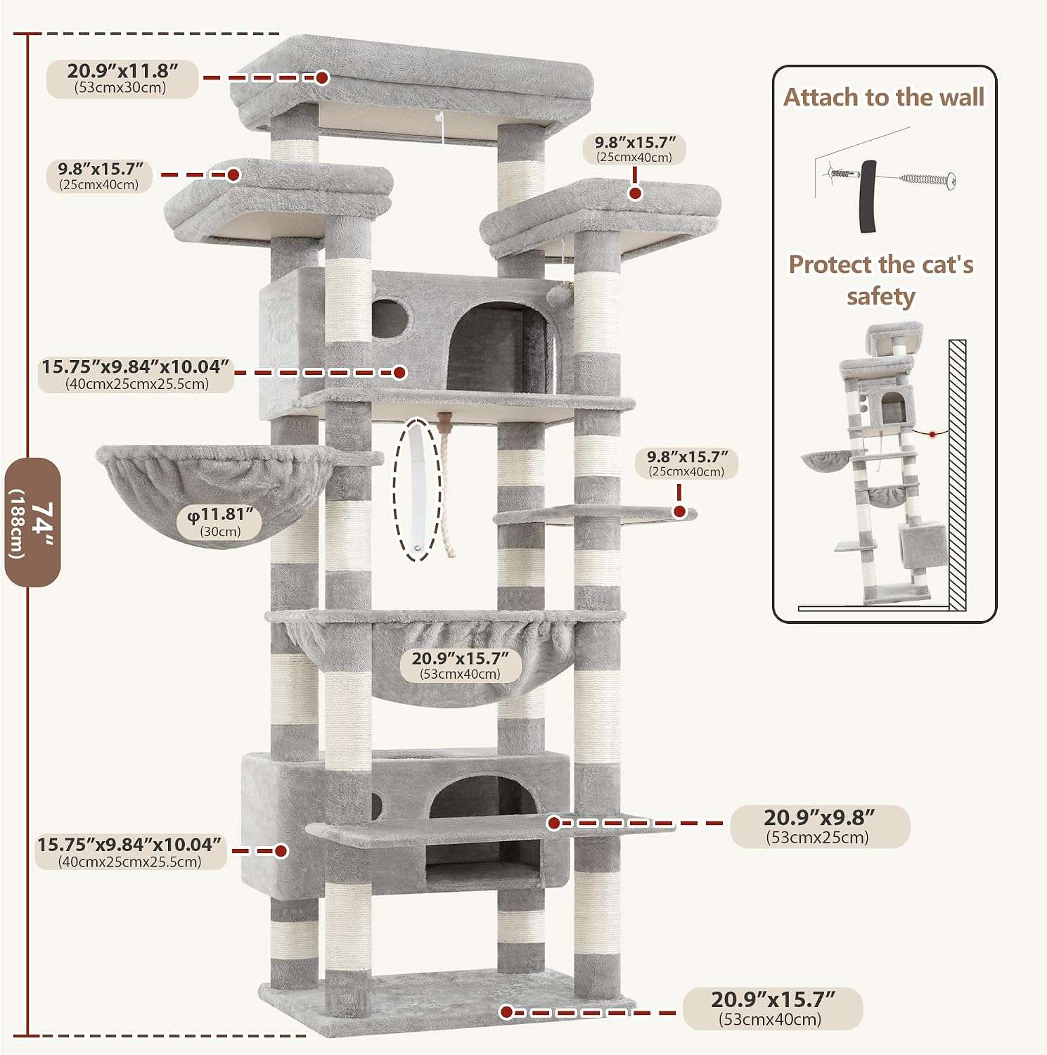 Torre rascador de gran tamaño (ciento ochenta y ocho centimetros). Tres perchas amplias, condominios grandes y kit anti-vuelco.