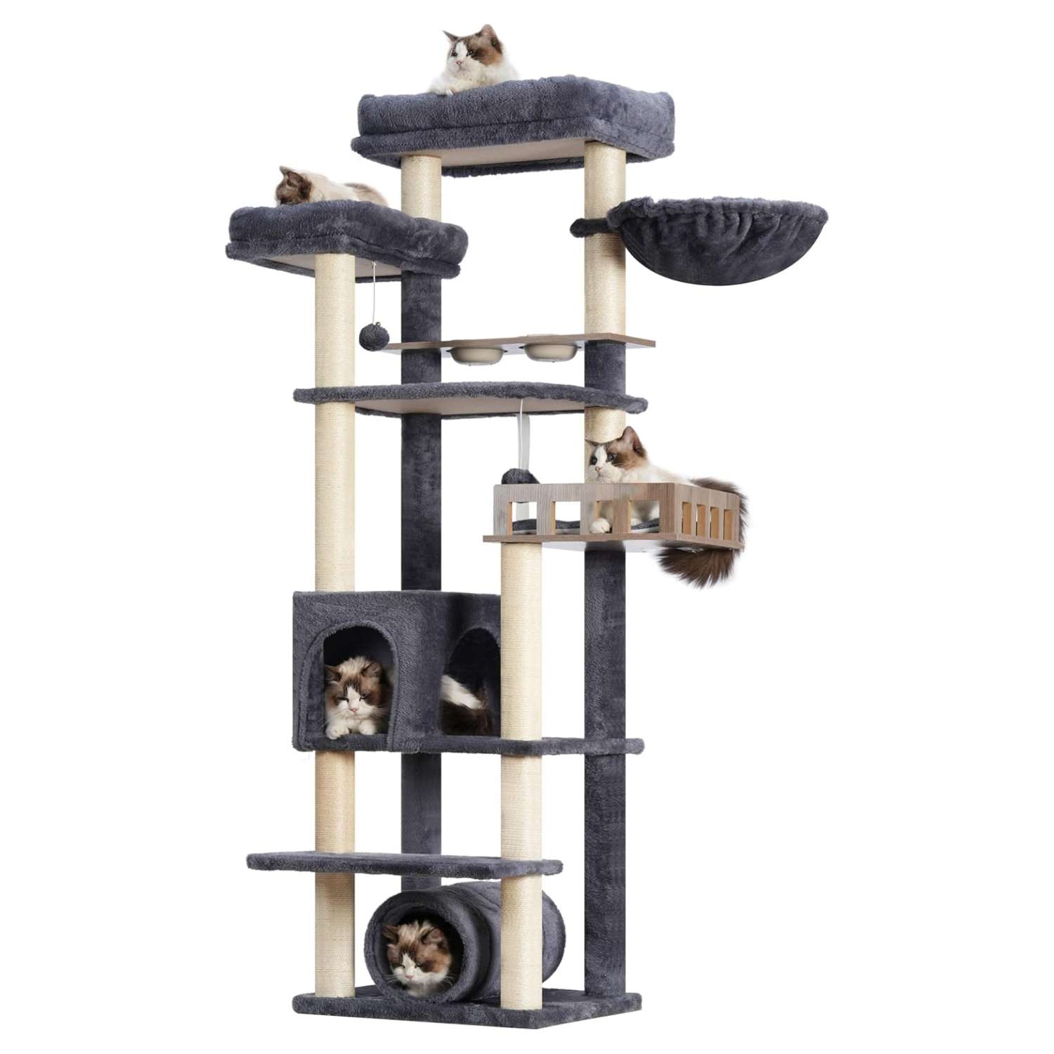 Torre alta (ciento sesenta y siete centimetros) con plataforma de alimentacion. Sisal completo, condominio y correa anti-vuelco.