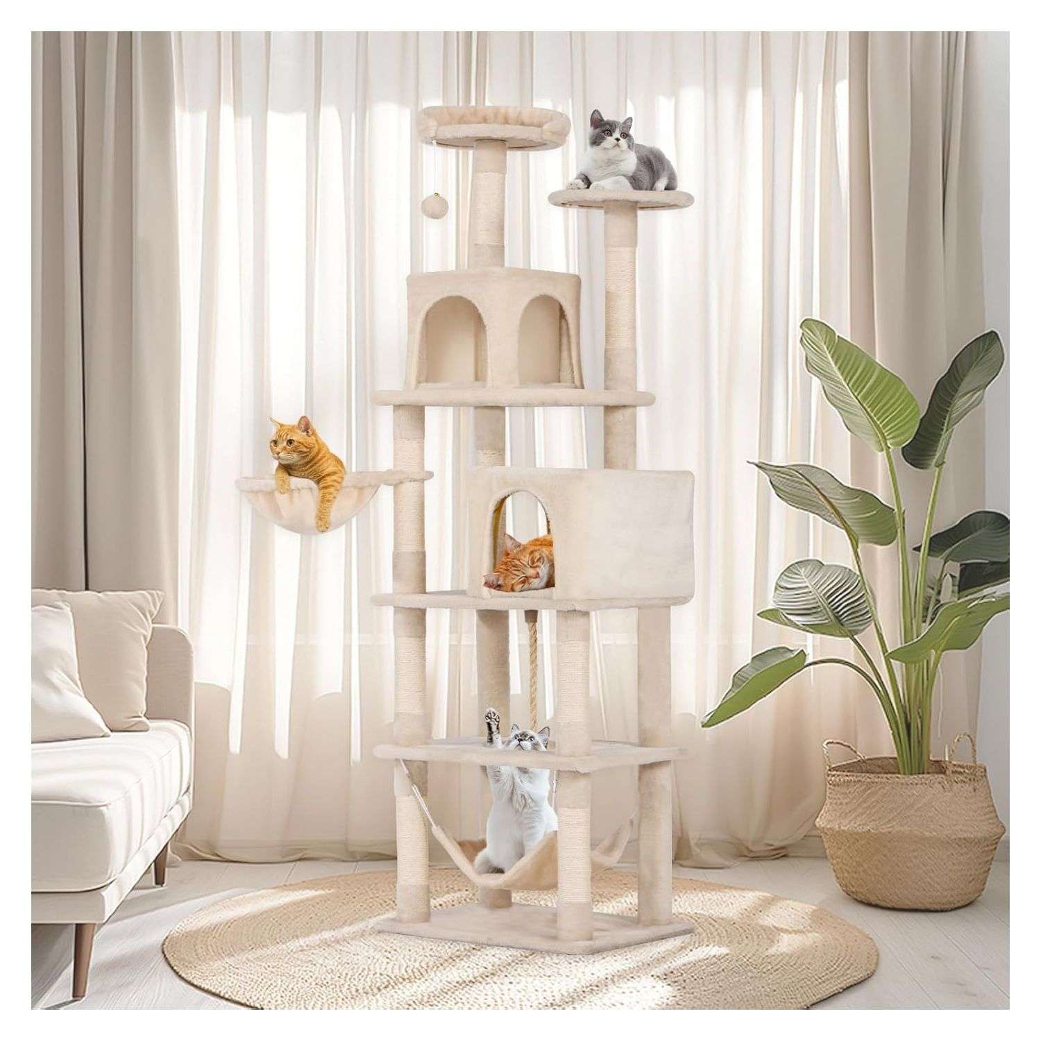 Torre rascador alta de 175 cm con doble cueva, hamaca y postes de sisal para gatos.