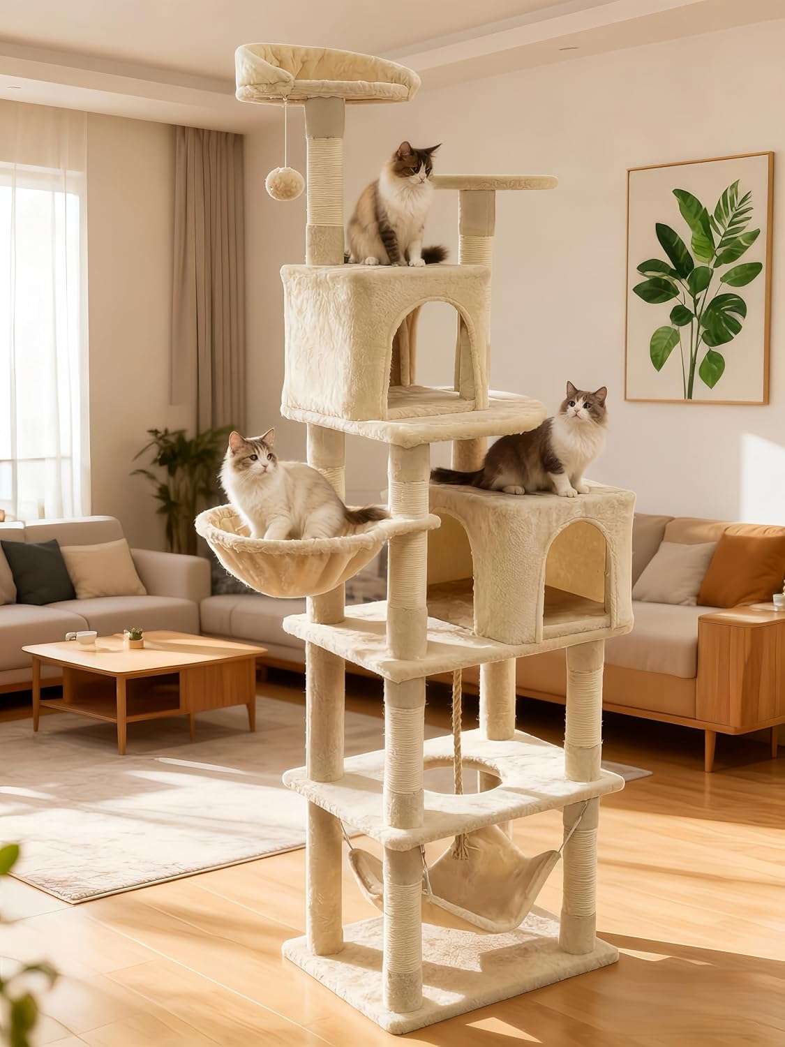 Torre rascador alta de 175 cm con doble cueva, hamaca y postes de sisal para gatos.