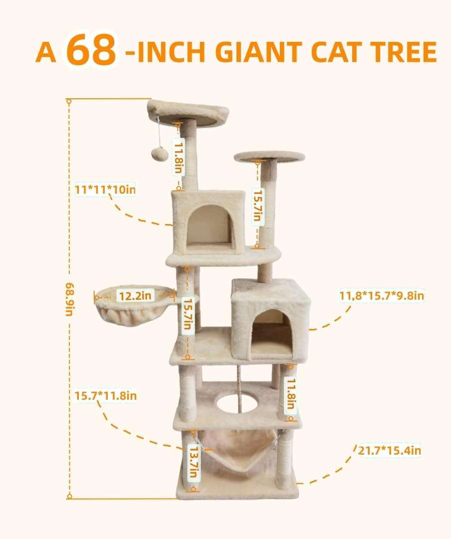 Torre rascador alta de 175 cm con doble cueva, hamaca y postes de sisal para gatos.