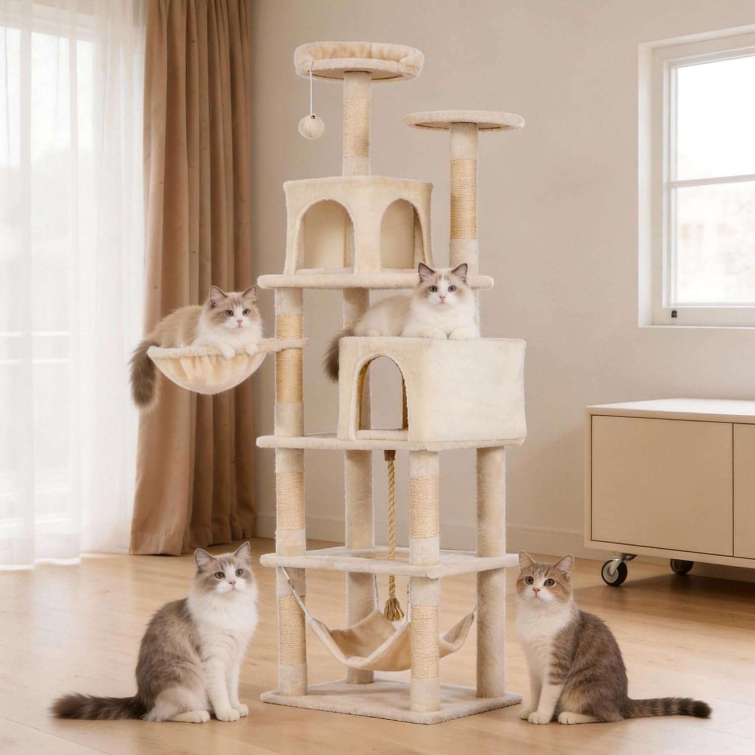 Torre rascador alta de 175 cm con doble cueva, hamaca y postes de sisal para gatos.