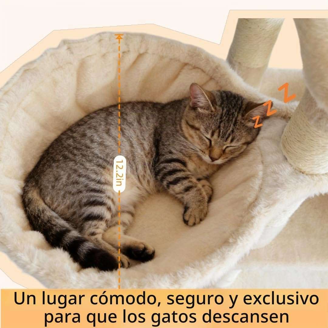 Torre rascador alta de 175 cm con doble cueva, hamaca y postes de sisal para gatos.