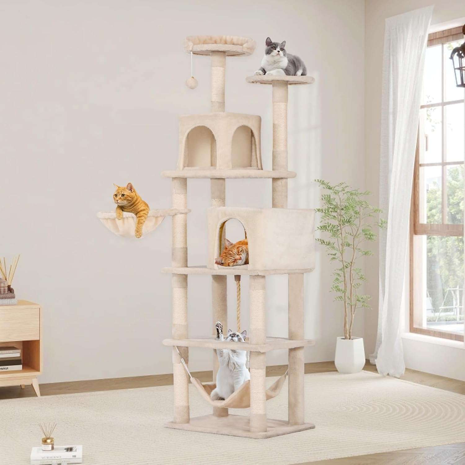Torre rascador alta de 175 cm con doble cueva, hamaca y postes de sisal para gatos.
