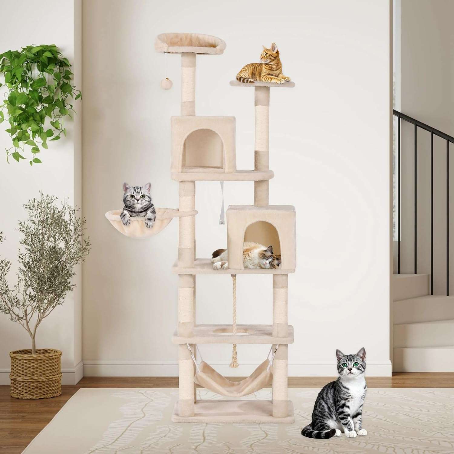 Torre rascador alta de 175 cm con doble cueva, hamaca y postes de sisal para gatos.