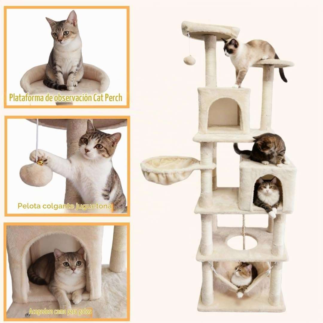 Torre rascador alta de 175 cm con doble cueva, hamaca y postes de sisal para gatos.