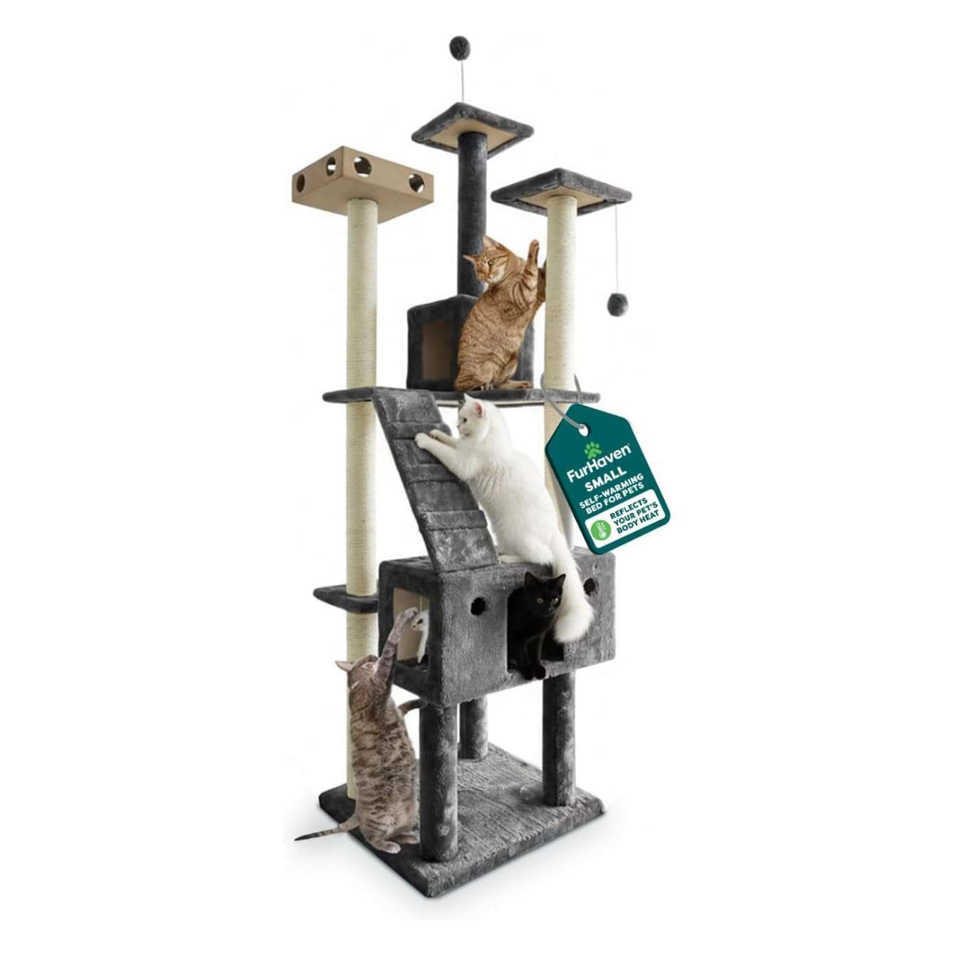 Torre rascador alta de 176x50x50 centimetros con caja de juegos inteligente IQ y postes de sisal para gatos de todas las edades.