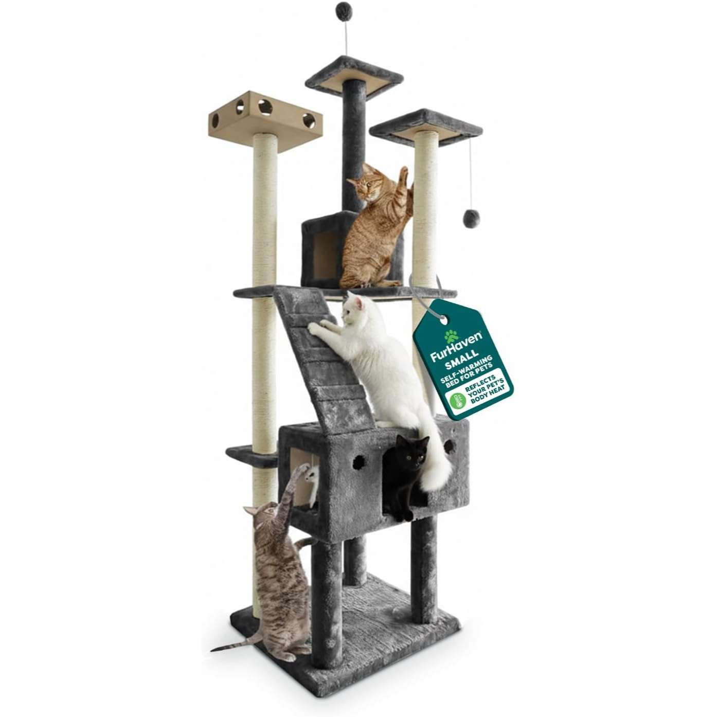 Torre rascador alta de 176x50x50 centimetros con caja de juegos inteligente IQ y postes de sisal para gatos de todas las edades.