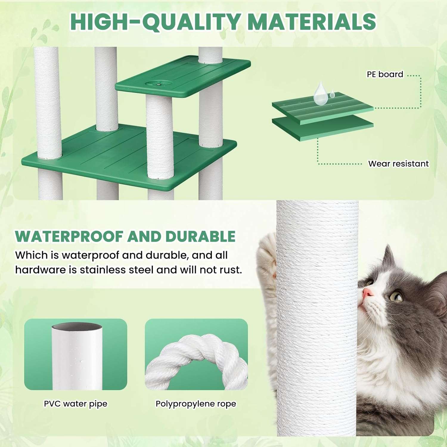 Torre rascador alta e impermeable para gatos con diseño botánico y refugio tipo cueva.