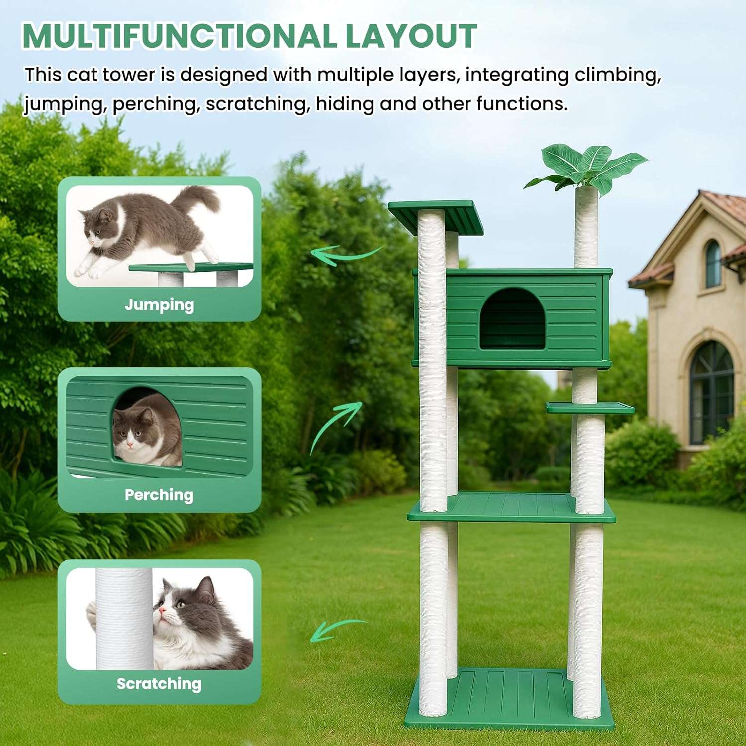 Torre rascador alta e impermeable para gatos con diseño botánico y refugio tipo cueva.