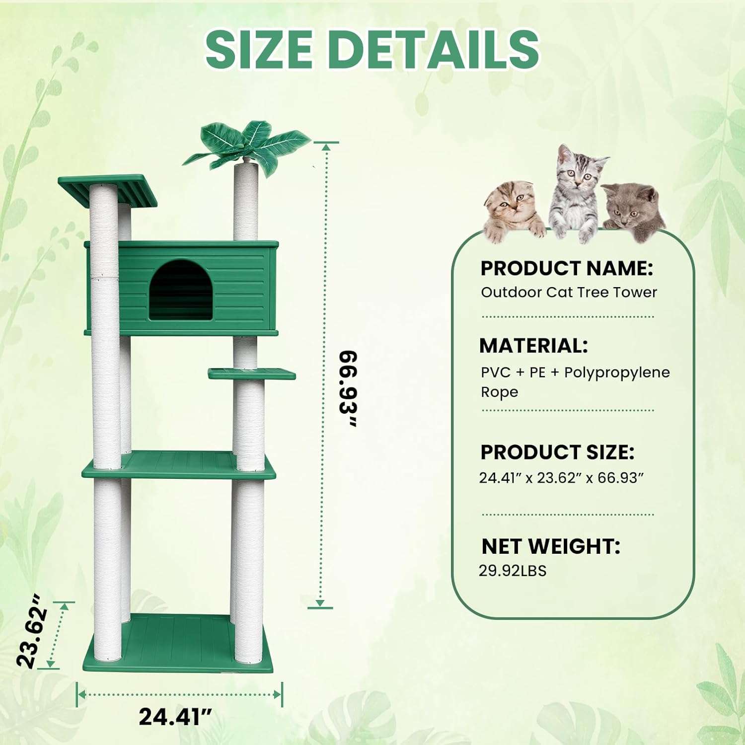 Torre rascador alta e impermeable para gatos con diseño botánico y refugio tipo cueva.