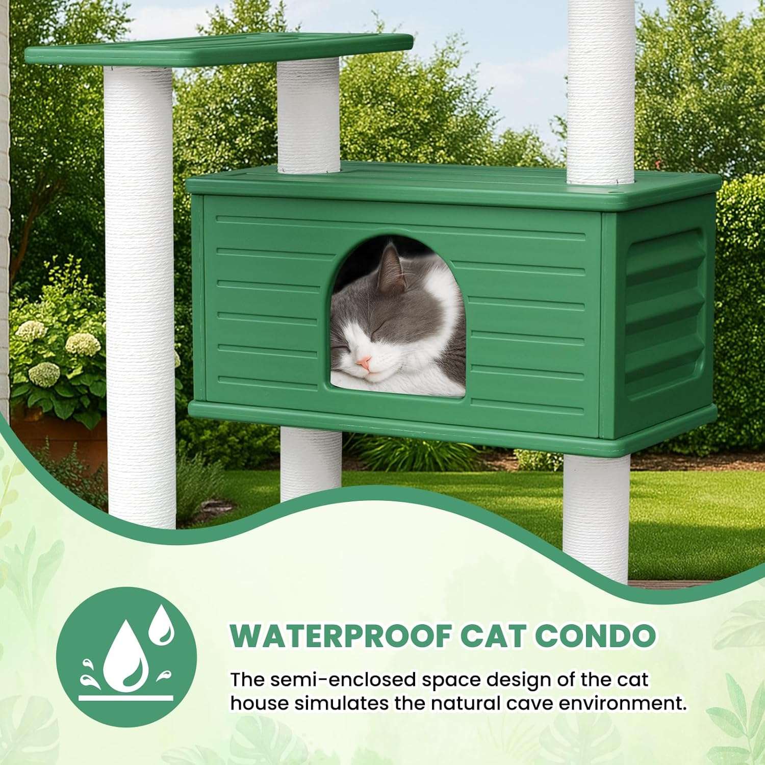 Torre rascador alta e impermeable para gatos con diseño botánico y refugio tipo cueva.