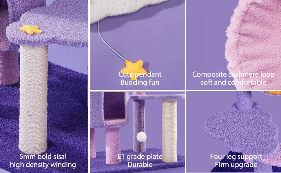 Torre rascador Árbol de Luna de 165 cm en tonos morado y rosa. Base 60 por 48 cm y estructura súper sólida para estabilidad.