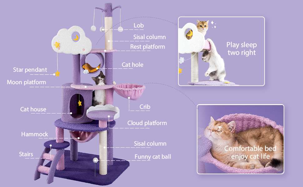 Torre rascador Árbol de Luna de 165 cm en tonos morado y rosa. Base 60 por 48 cm y estructura súper sólida para estabilidad.