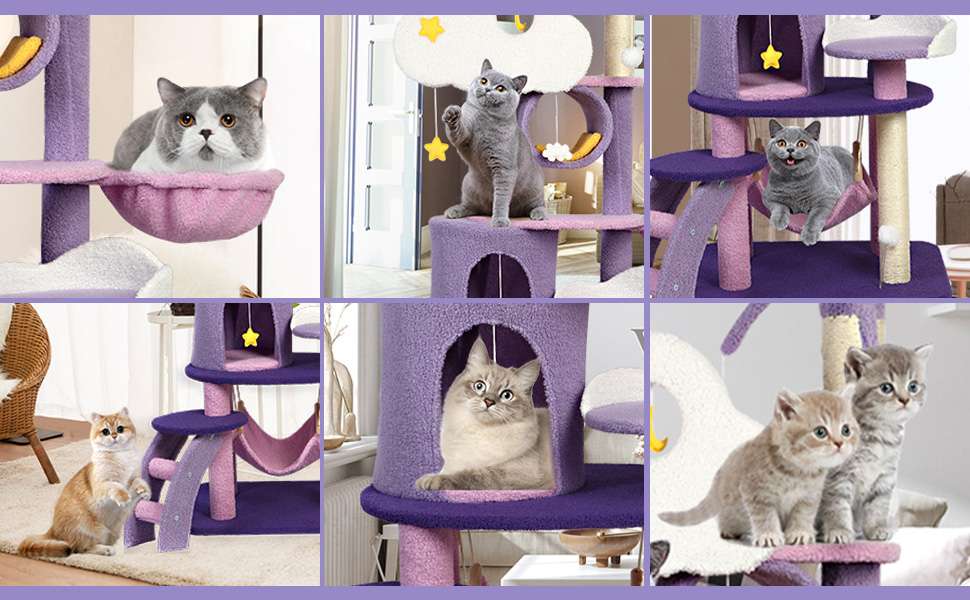 Torre rascador Árbol de Luna de 165 cm en tonos morado y rosa. Base 60 por 48 cm y estructura súper sólida para estabilidad.