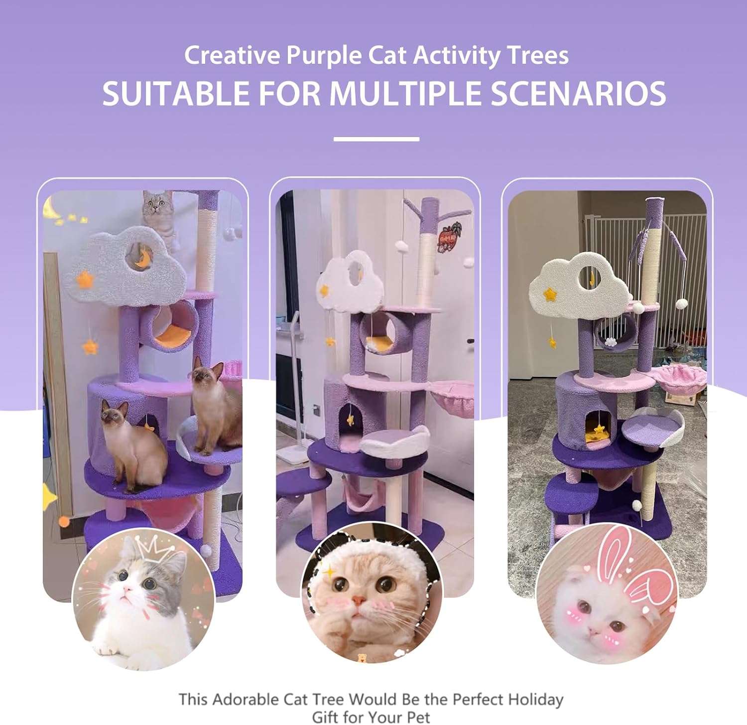 Torre rascador Árbol de Luna de 165 cm en tonos morado y rosa. Base 60 por 48 cm y estructura súper sólida para estabilidad.
