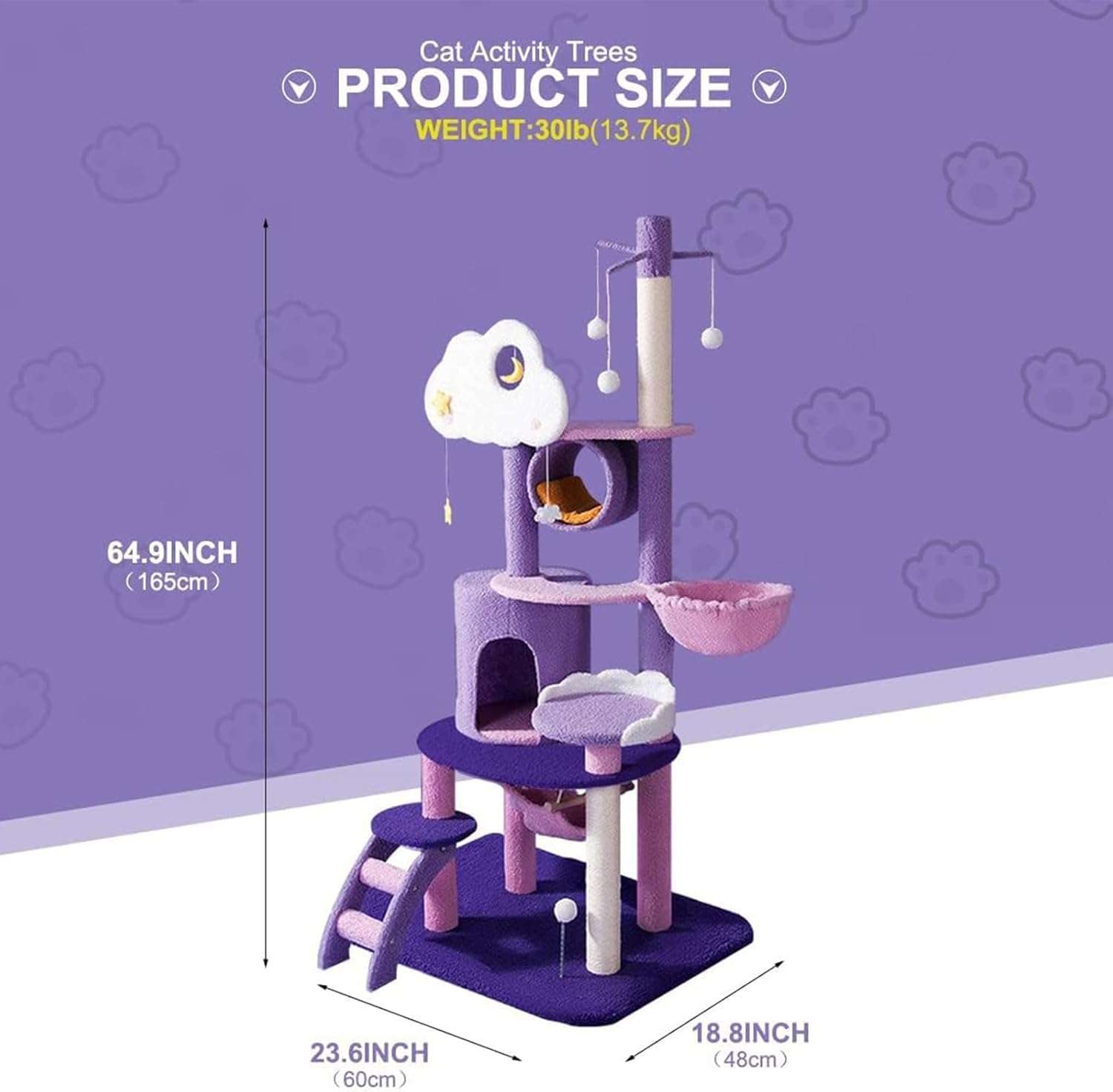 Torre rascador Árbol de Luna de 165 cm en tonos morado y rosa. Base 60 por 48 cm y estructura súper sólida para estabilidad.