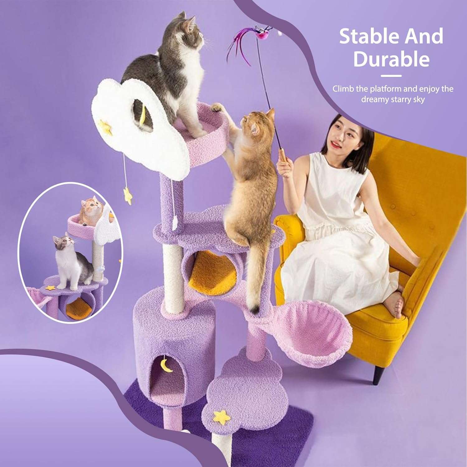 Torre rascador Árbol de Luna de 165 cm en tonos morado y rosa. Base 60 por 48 cm y estructura súper sólida para estabilidad.