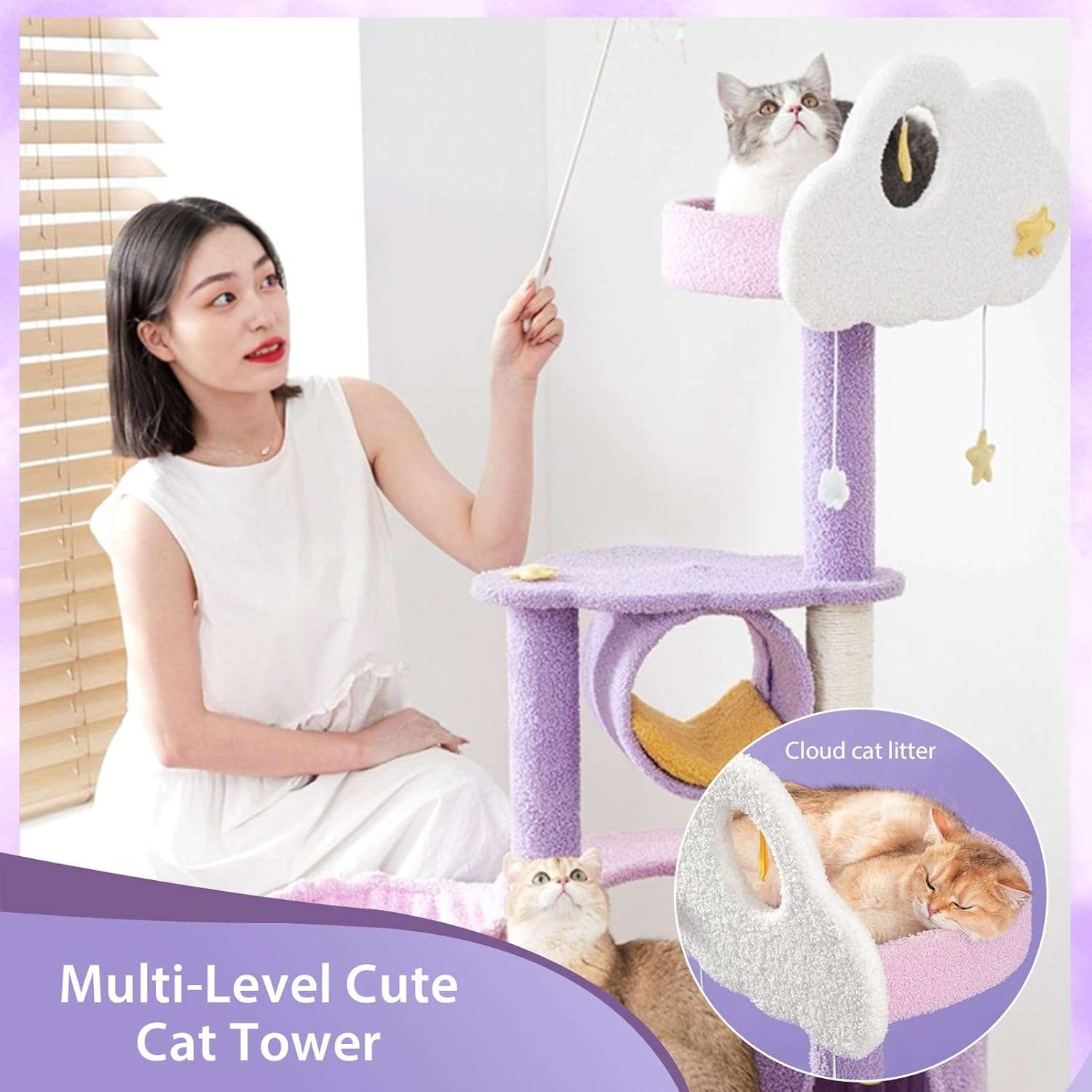 Torre rascador Árbol de Luna de 165 cm en tonos morado y rosa. Base 60 por 48 cm y estructura súper sólida para estabilidad.