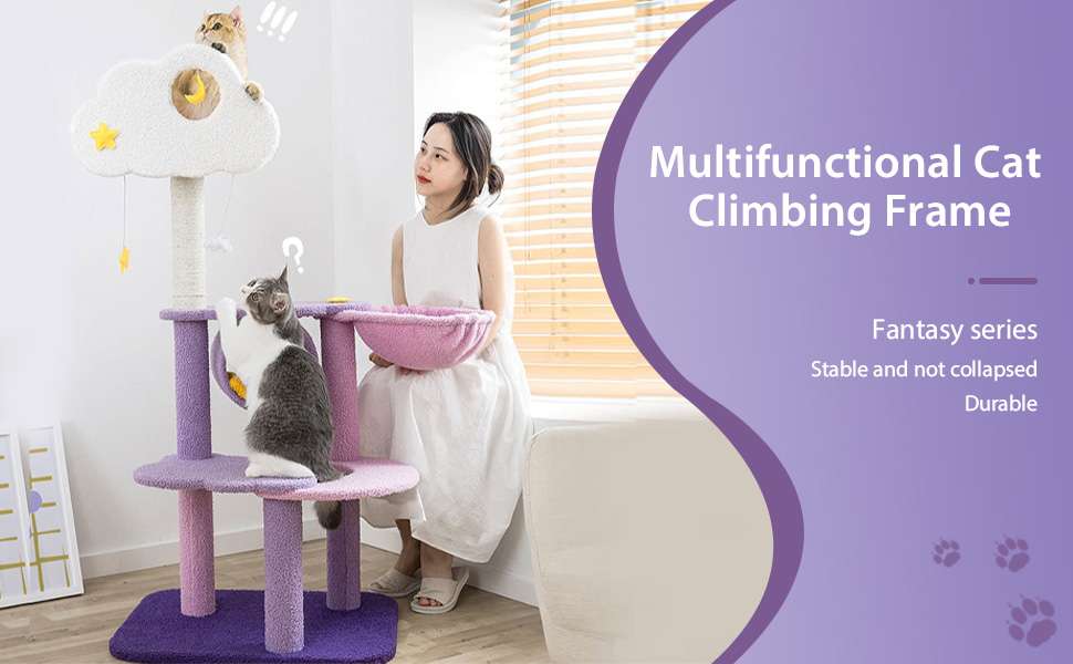 Torre rascador Árbol de Luna de 165 cm en tonos morado y rosa. Base 60 por 48 cm y estructura súper sólida para estabilidad.