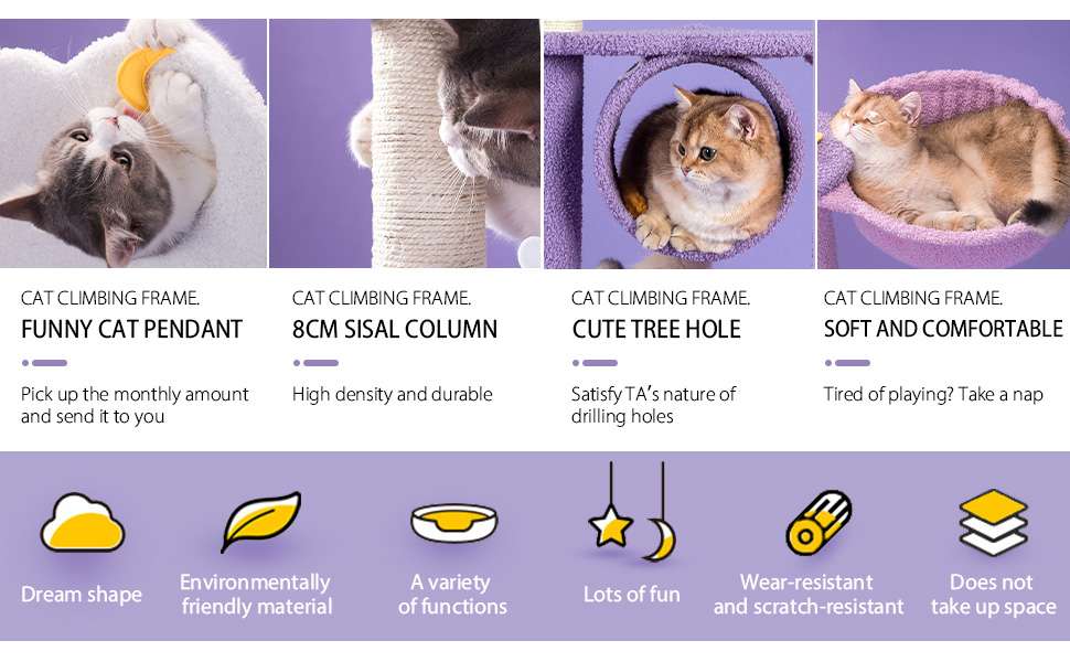 Torre rascador Árbol de Luna de 165 cm en tonos morado y rosa. Base 60 por 48 cm y estructura súper sólida para estabilidad.