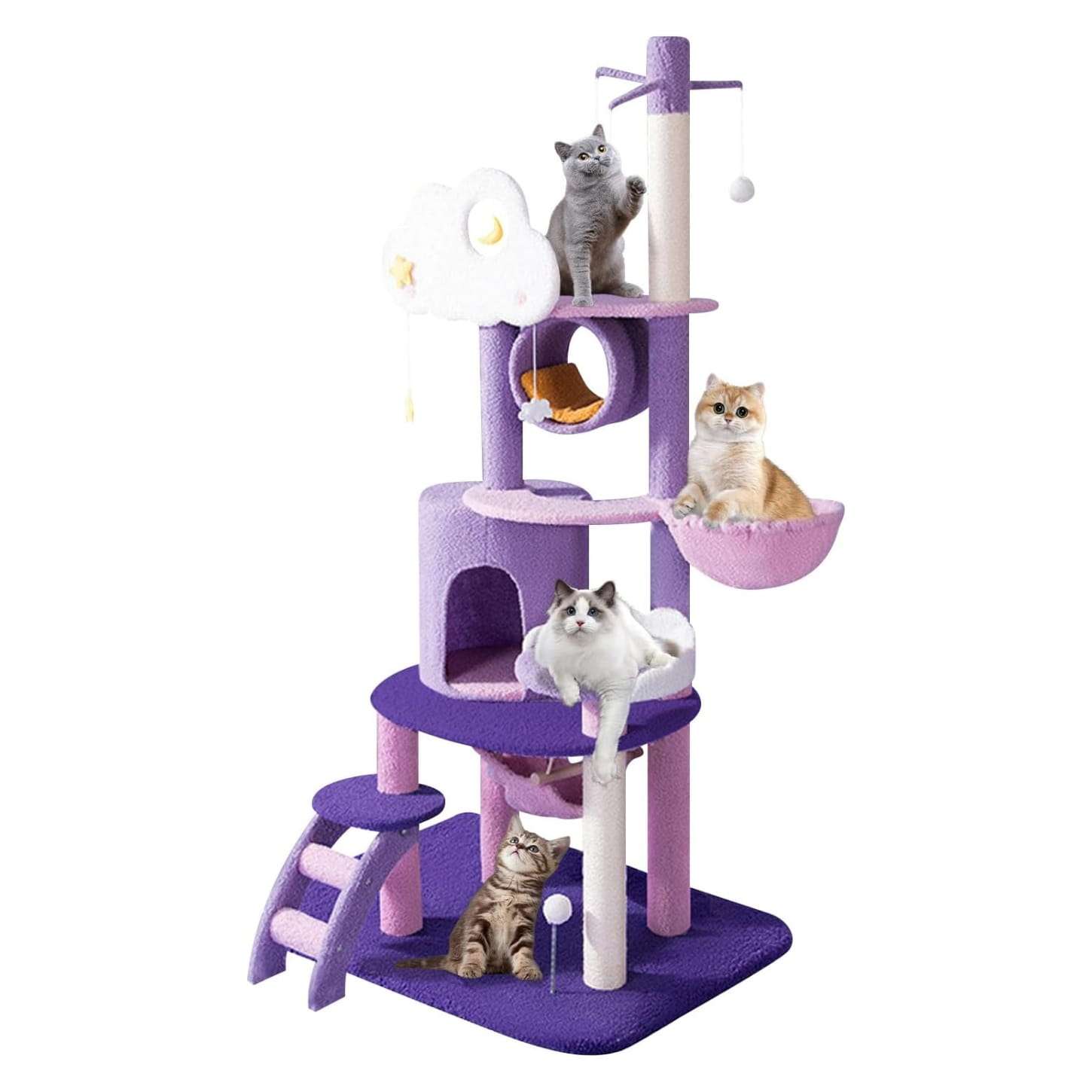 Torre rascador Árbol de Luna de 165 cm en tonos morado y rosa. Base 60 por 48 cm y estructura súper sólida para estabilidad.