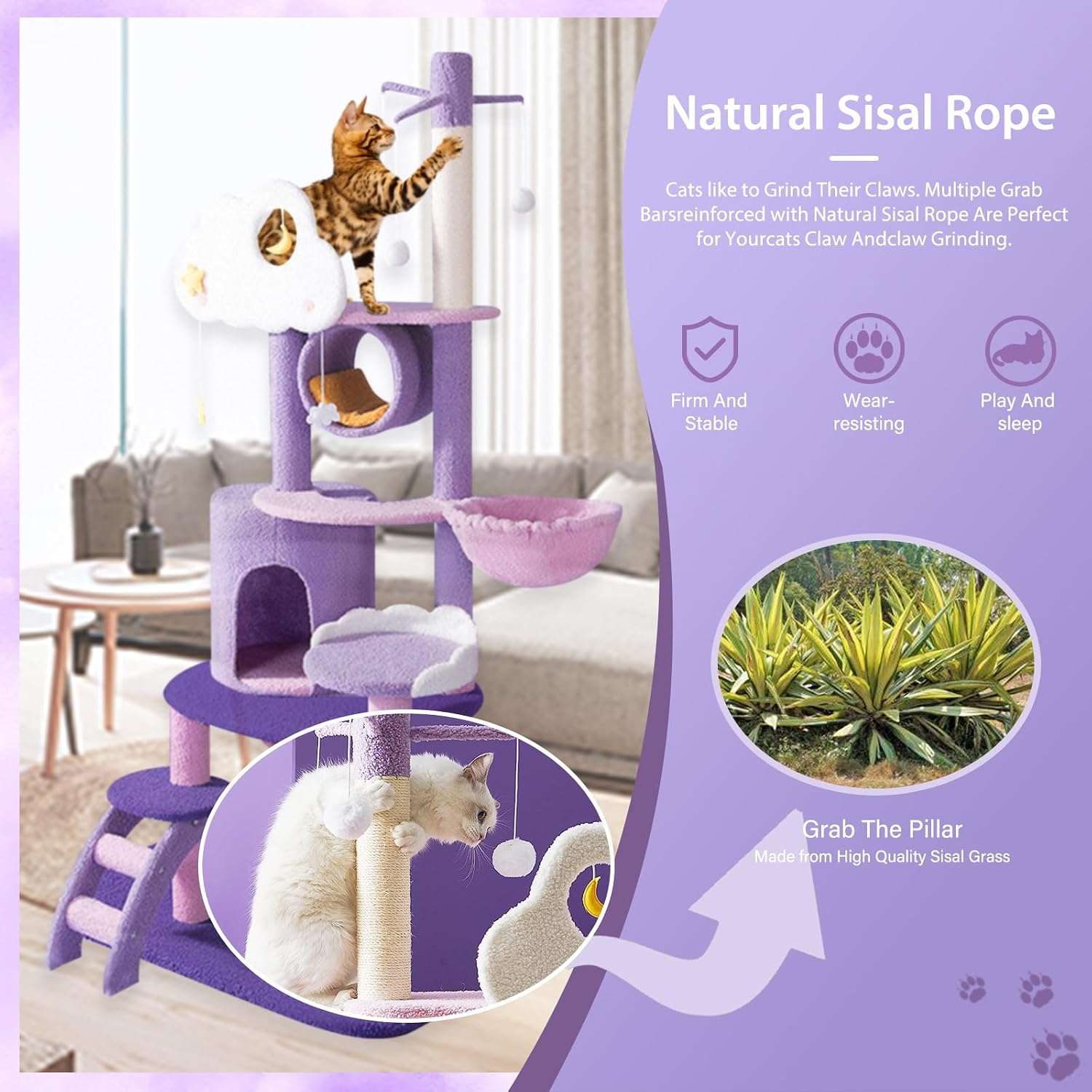 Torre rascador Árbol de Luna de 165 cm en tonos morado y rosa. Base 60 por 48 cm y estructura súper sólida para estabilidad.