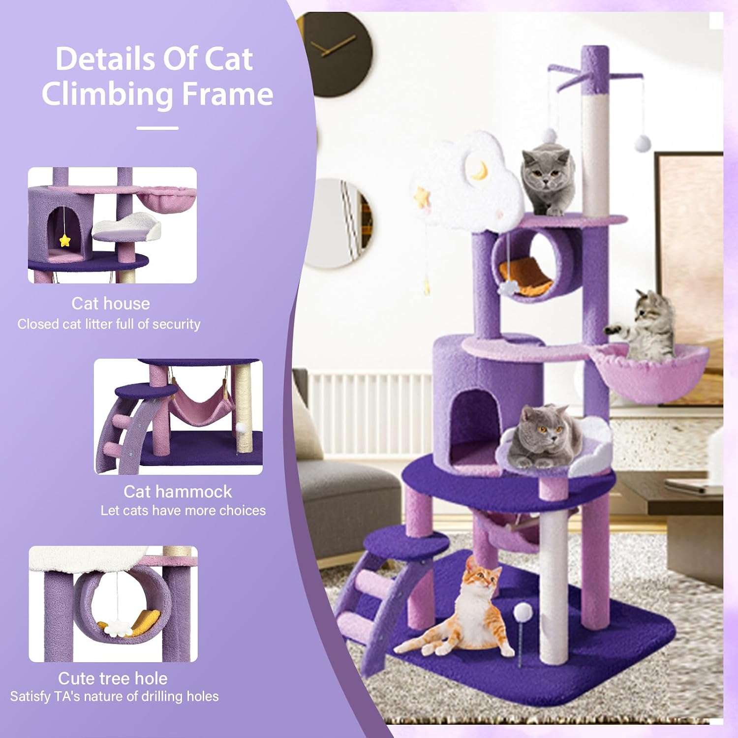 Torre rascador Árbol de Luna de 165 cm en tonos morado y rosa. Base 60 por 48 cm y estructura súper sólida para estabilidad.
