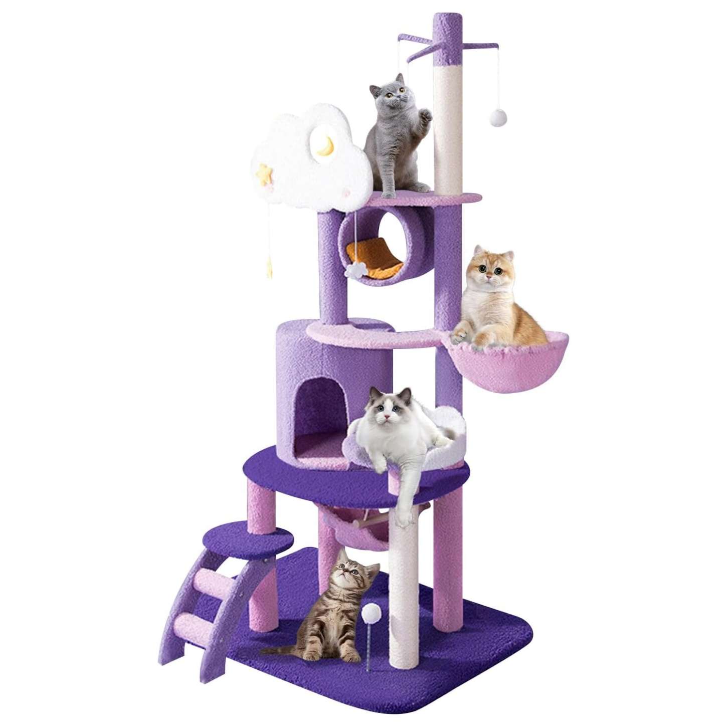 Torre rascador Árbol de Luna de 165 cm en tonos morado y rosa. Base 60 por 48 cm y estructura súper sólida para estabilidad.