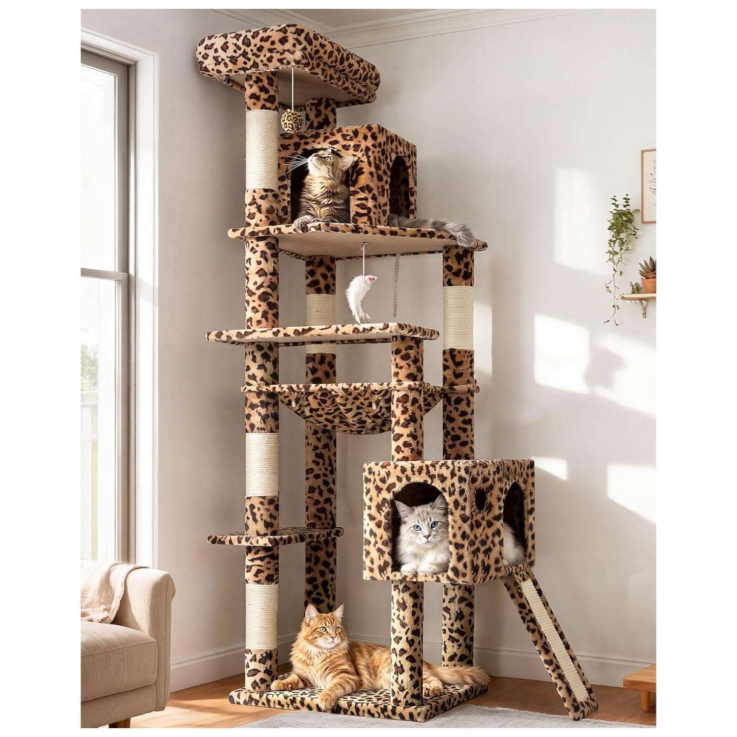Torre rascador de 178 centimetros con diseño de leopardo. Hamaca cuadrada grande y cama superior desmontable para gatos.