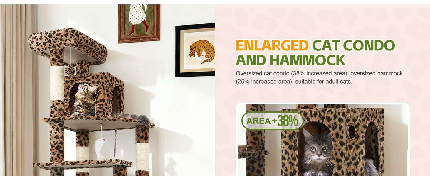 Torre rascador de 178 centimetros con diseño de leopardo. Hamaca cuadrada grande y cama superior desmontable para gatos.