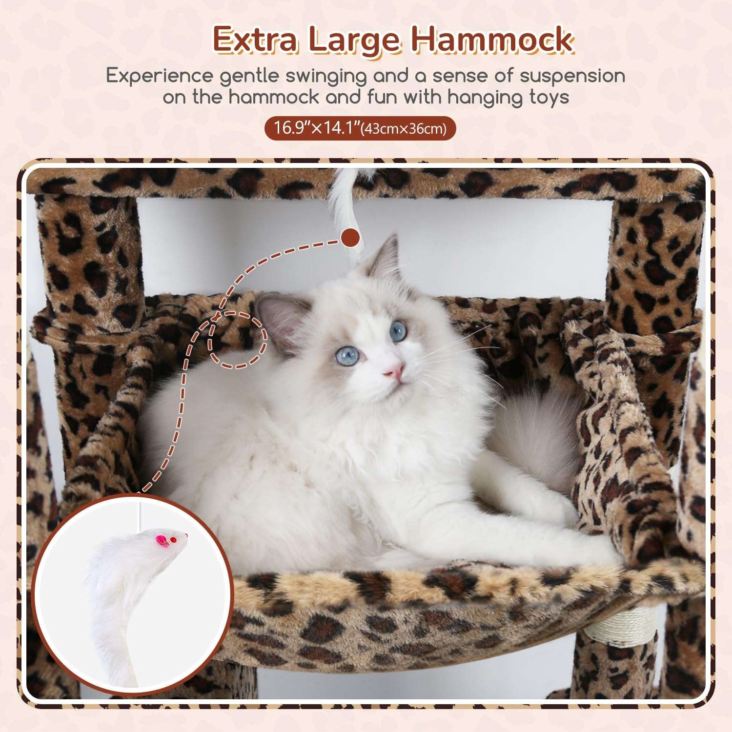 Torre Rascador Diseño Leopardo (178x55x45 cm): Hamaca Cuadrada XL y Cama Superior Desmontable - Imagen 7