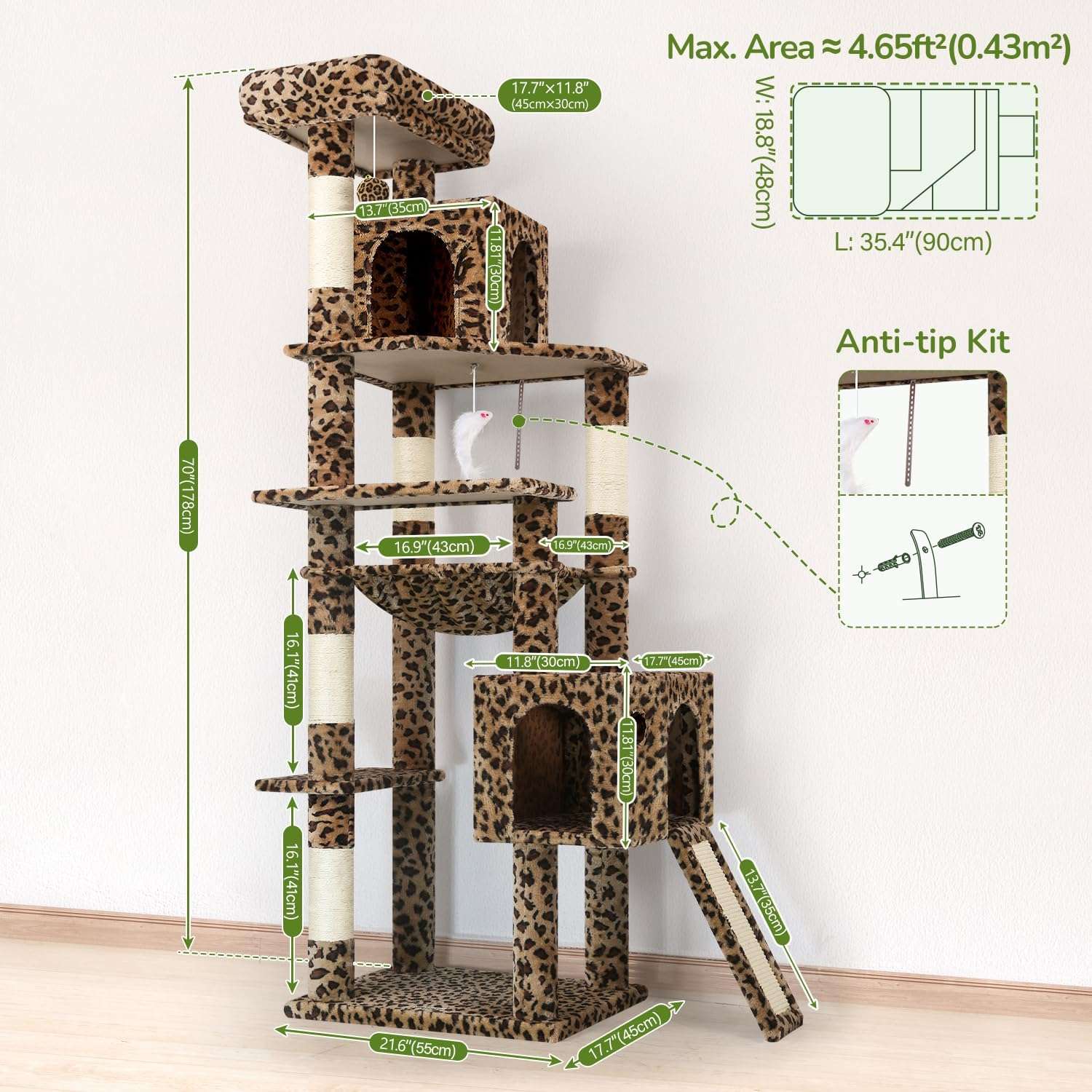 Torre rascador de 178 centimetros con diseño de leopardo. Hamaca cuadrada grande y cama superior desmontable para gatos.