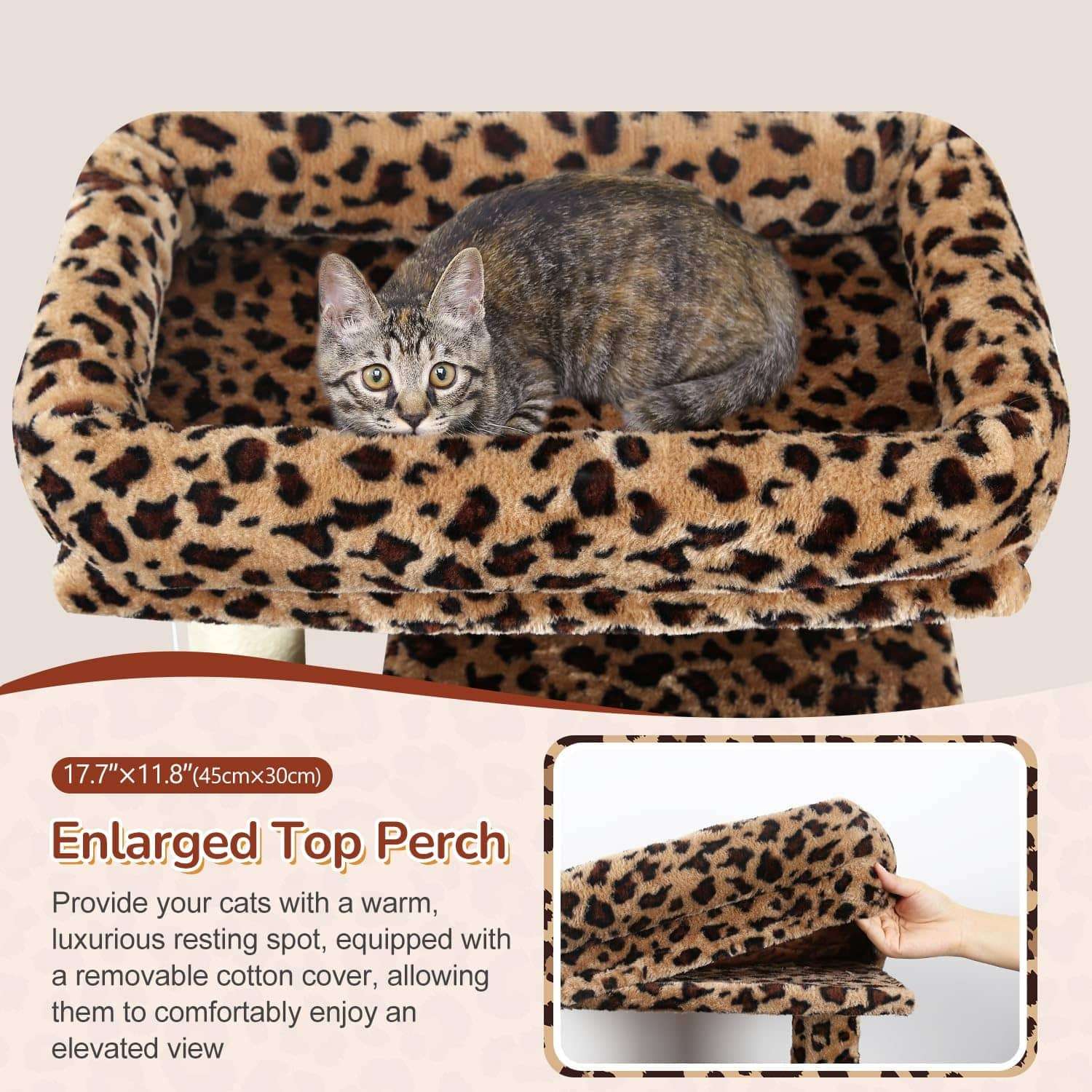 Torre rascador de 178 centimetros con diseño de leopardo. Hamaca cuadrada grande y cama superior desmontable para gatos.