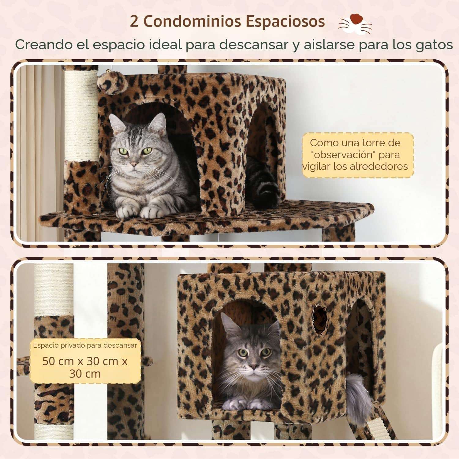 Torre rascador de 178 centimetros con diseño de leopardo. Hamaca cuadrada grande y cama superior desmontable para gatos.