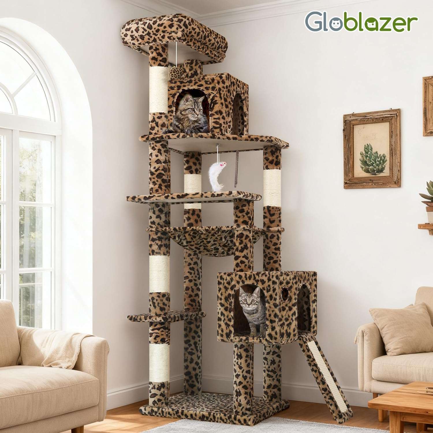 Torre rascador de 178 centimetros con diseño de leopardo. Hamaca cuadrada grande y cama superior desmontable para gatos.