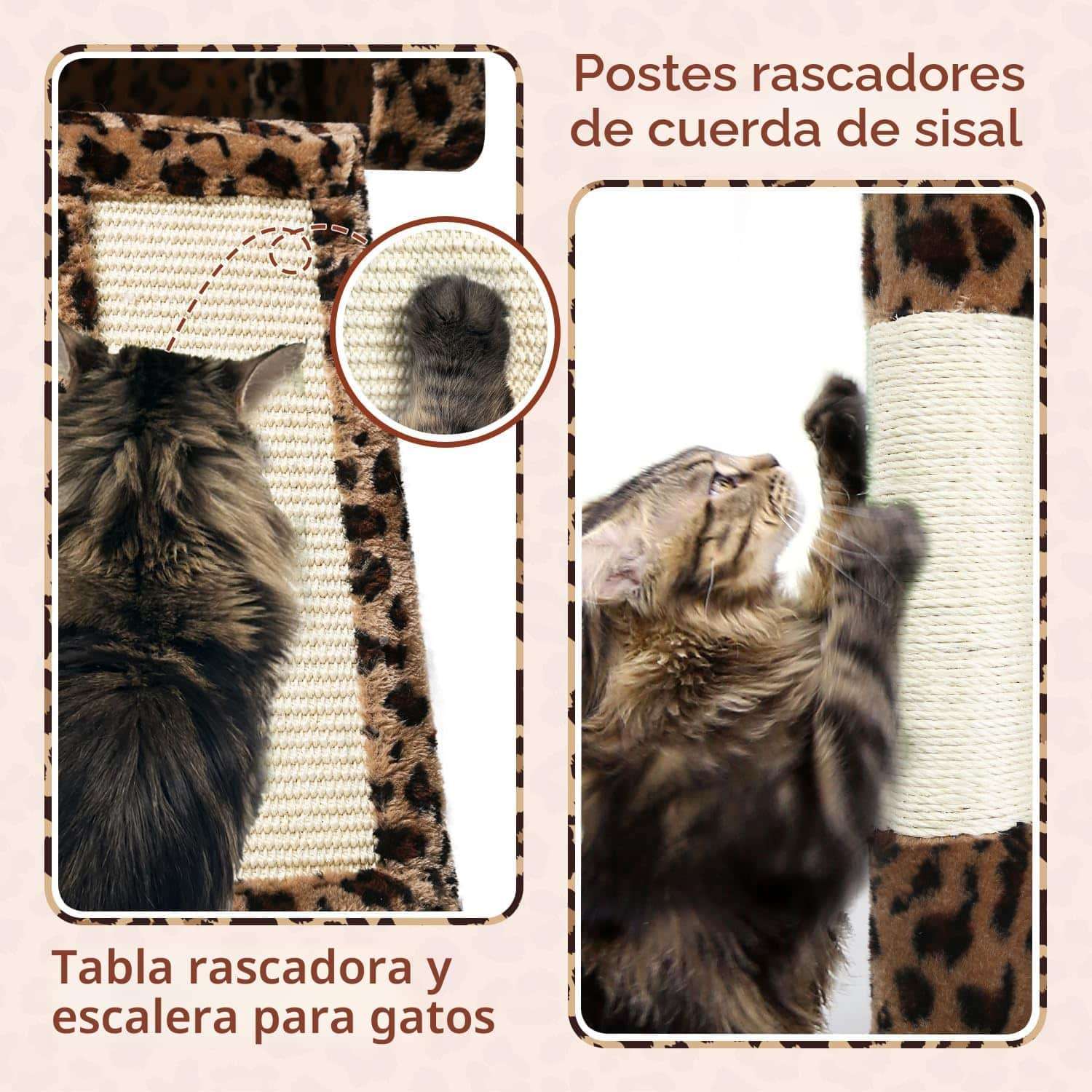 Torre rascador de 178 centimetros con diseño de leopardo. Hamaca cuadrada grande y cama superior desmontable para gatos.