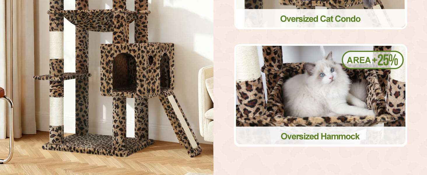 Torre rascador de 178 centimetros con diseño de leopardo. Hamaca cuadrada grande y cama superior desmontable para gatos.