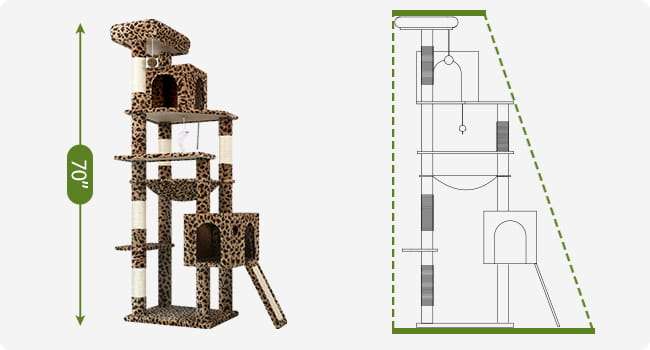 Torre rascador de 178 centimetros con diseño de leopardo. Hamaca cuadrada grande y cama superior desmontable para gatos.