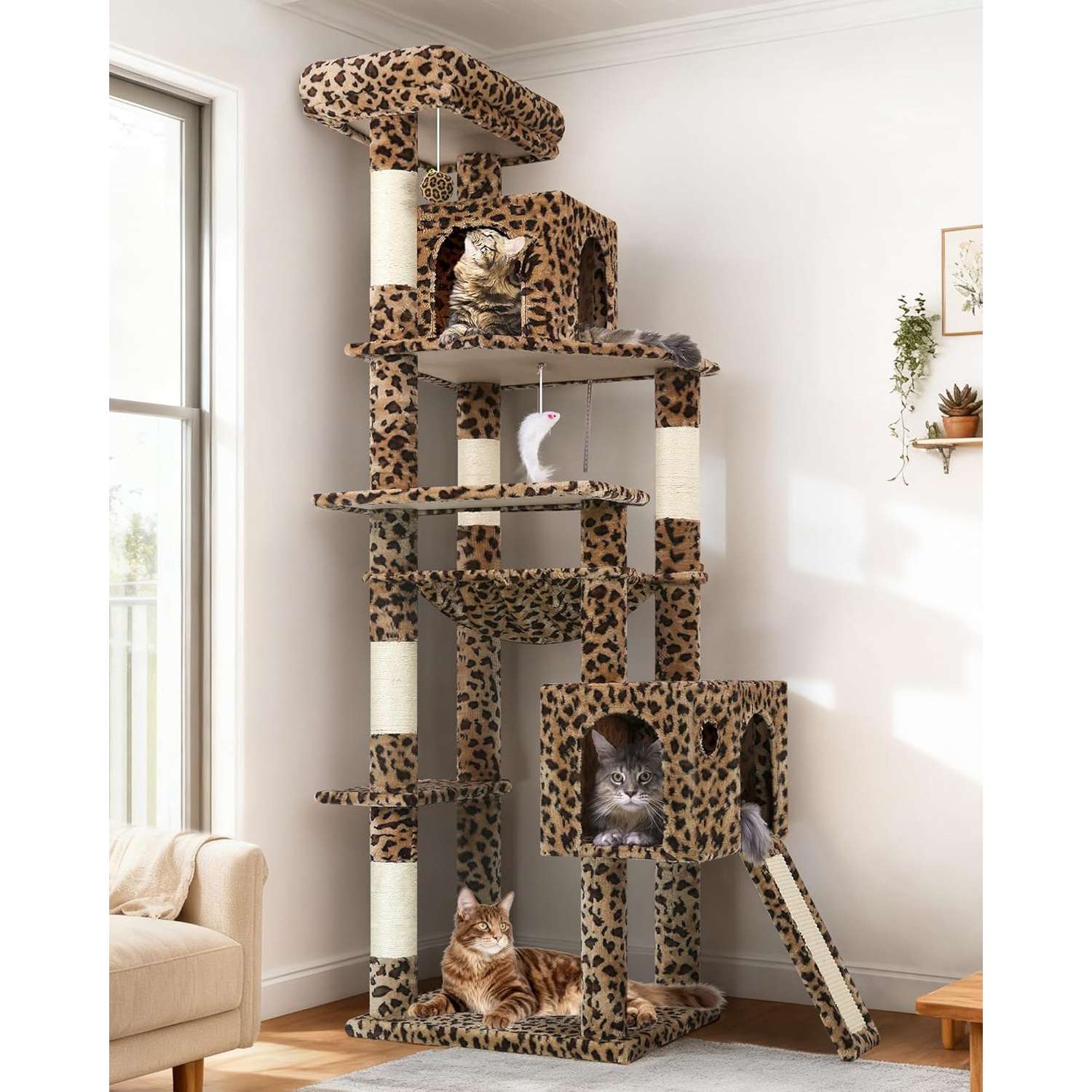 Torre rascador de 178 centimetros con diseño de leopardo. Hamaca cuadrada grande y cama superior desmontable para gatos.