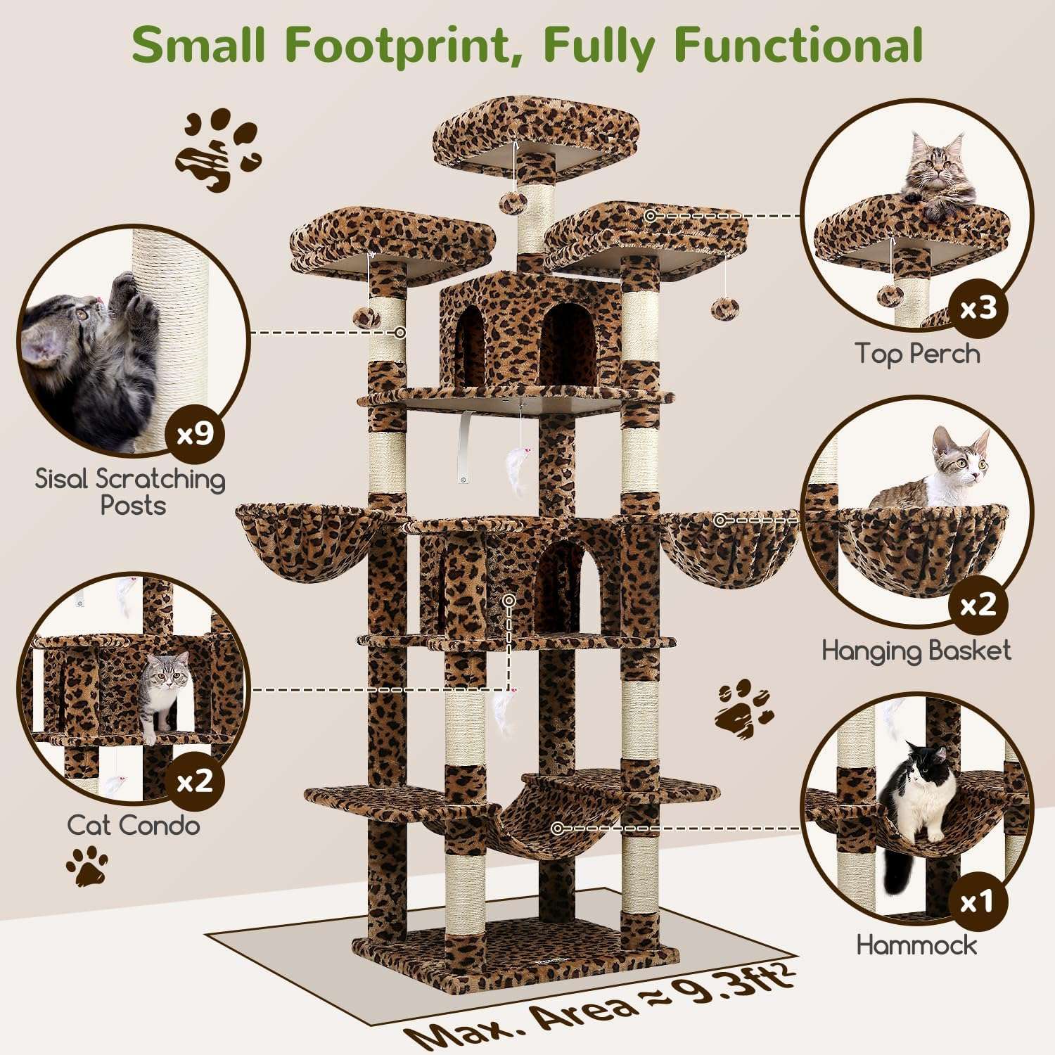 Torre rascador gigante de 204 centimetros con diseño de leopardo. 3 perchas superiores y condominios para gatos multiples.