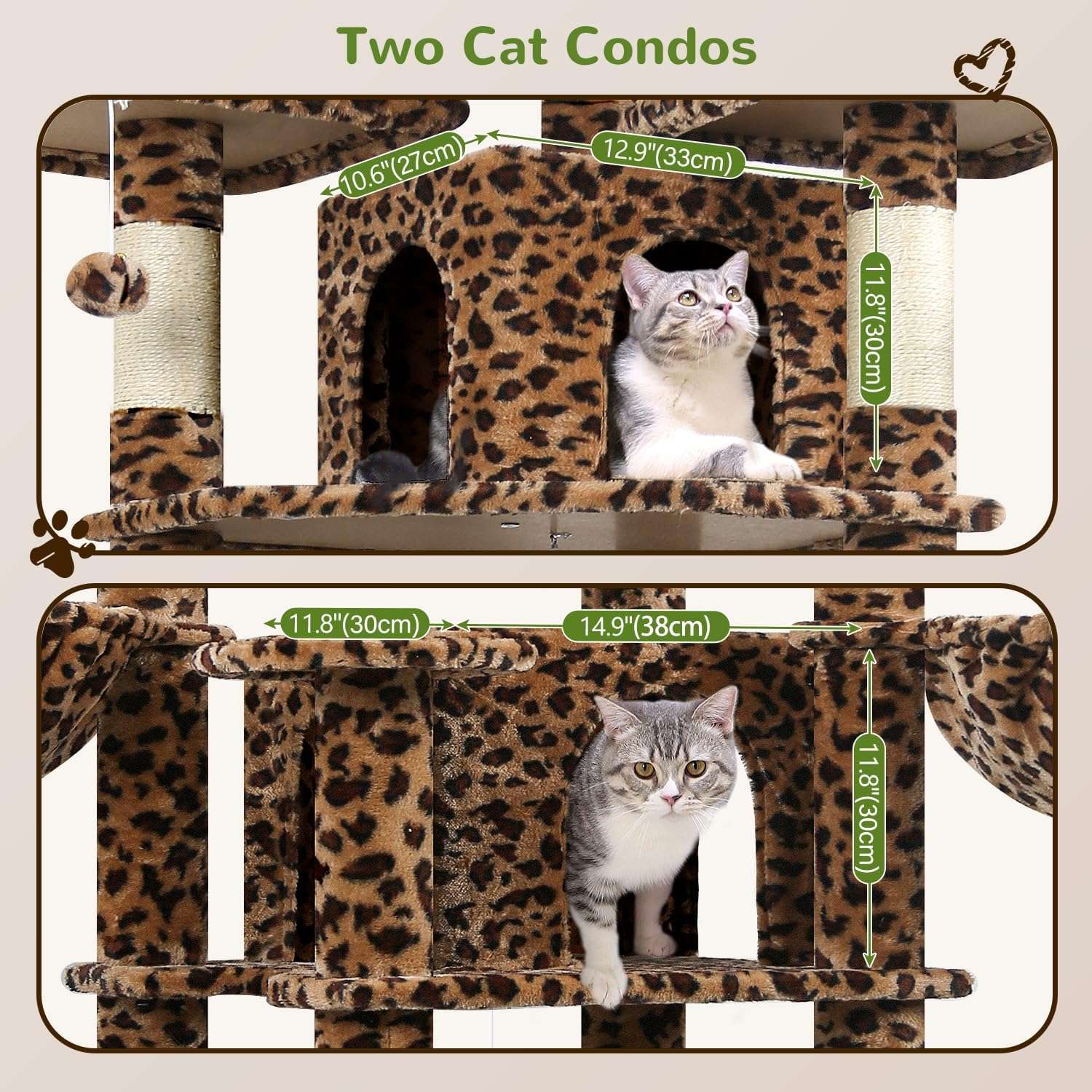 Torre rascador gigante de 204 centimetros con diseño de leopardo. 3 perchas superiores y condominios para gatos multiples.