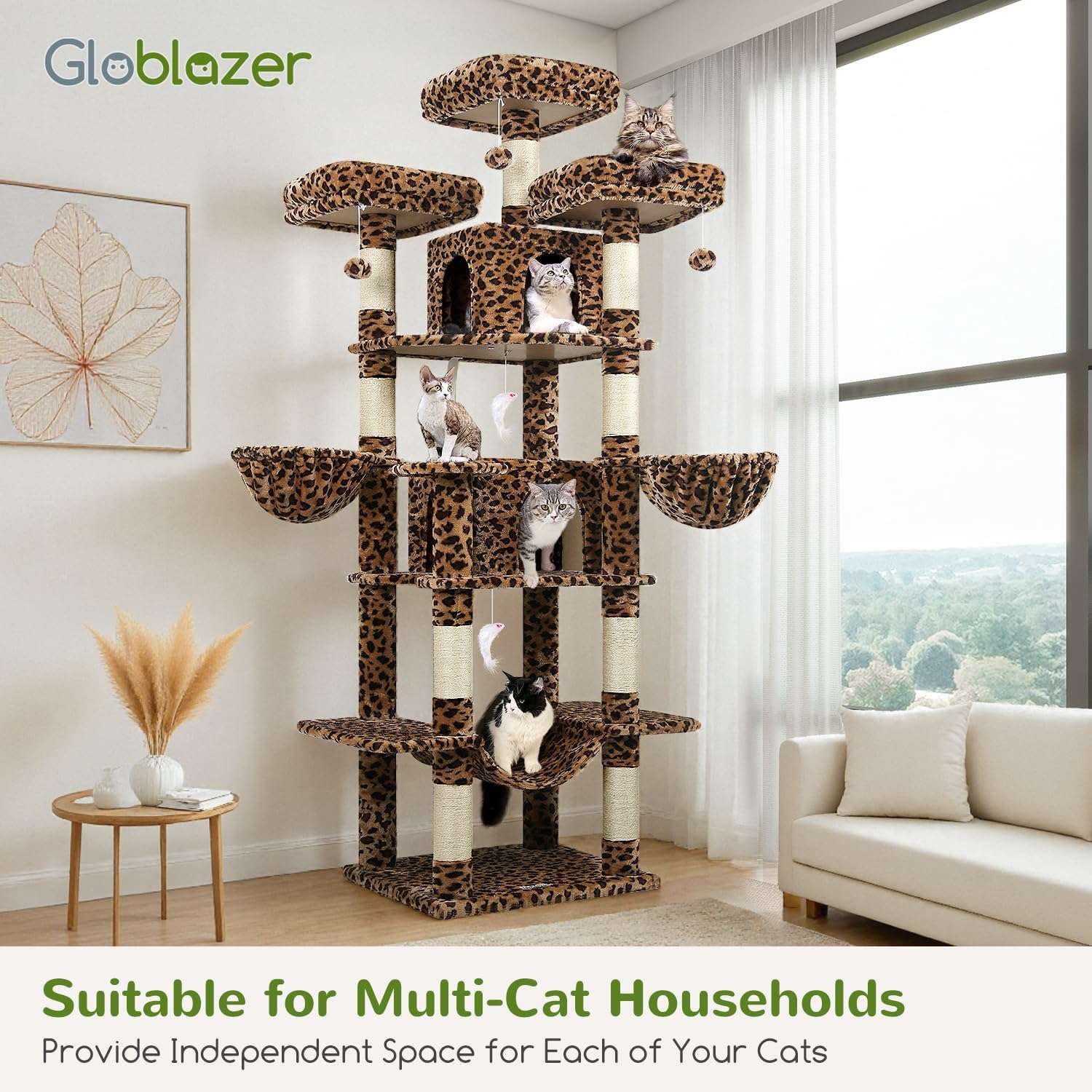 Torre rascador gigante de 204 centimetros con diseño de leopardo. 3 perchas superiores y condominios para gatos multiples.