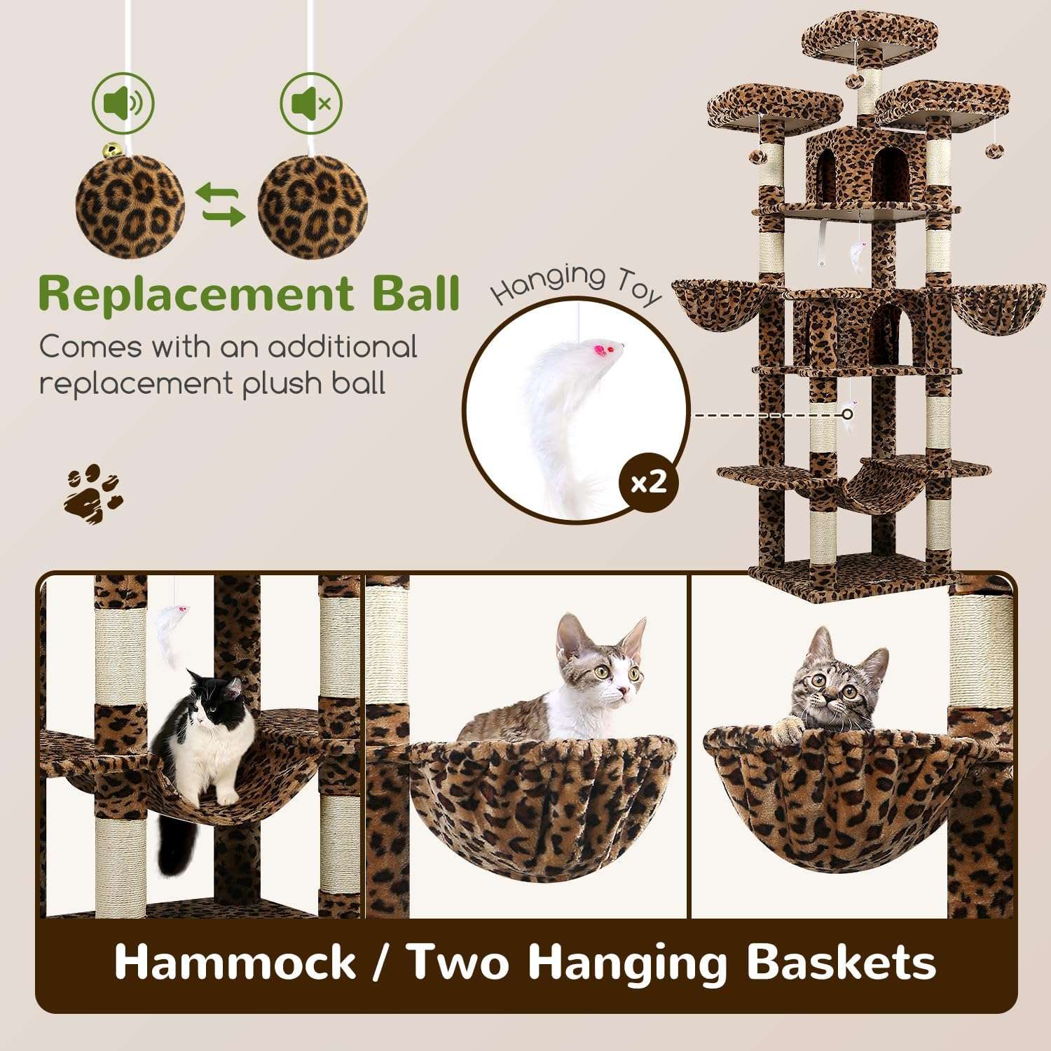 Torre rascador gigante de 204 centimetros con diseño de leopardo. 3 perchas superiores y condominios para gatos multiples.