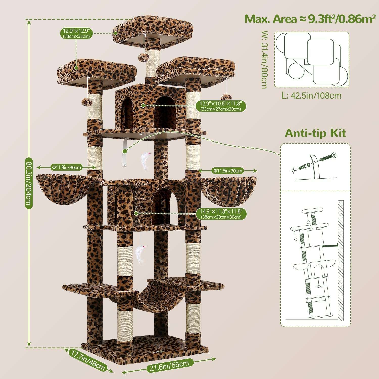 Torre rascador gigante de 204 centimetros con diseño de leopardo. 3 perchas superiores y condominios para gatos multiples.