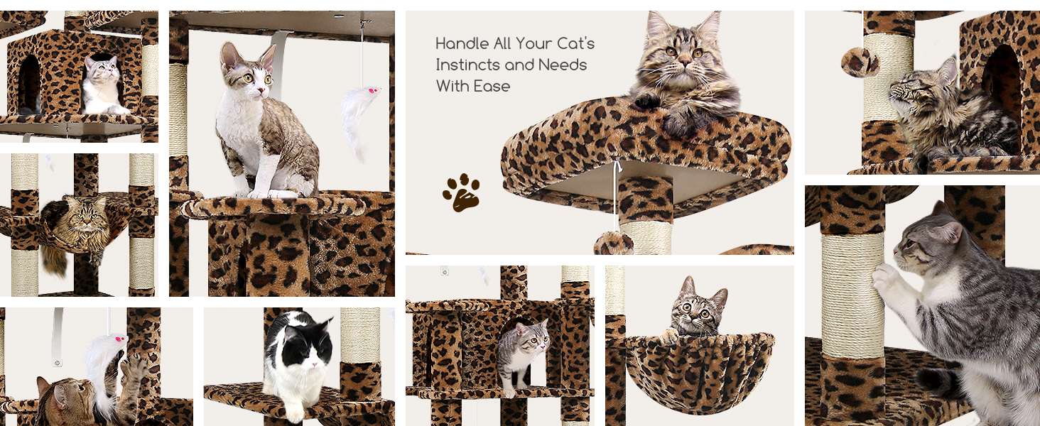 Torre rascador gigante de 204 centimetros con diseño de leopardo. 3 perchas superiores y condominios para gatos multiples.
