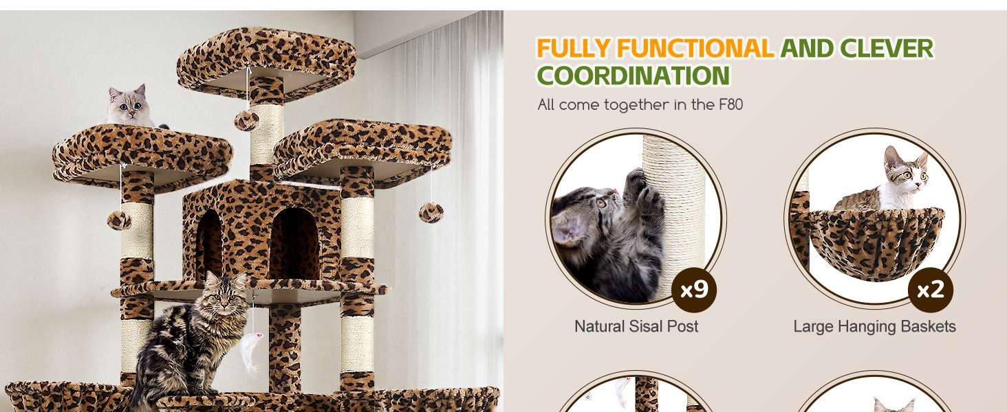 Torre rascador gigante de 204 centimetros con diseño de leopardo. 3 perchas superiores y condominios para gatos multiples.