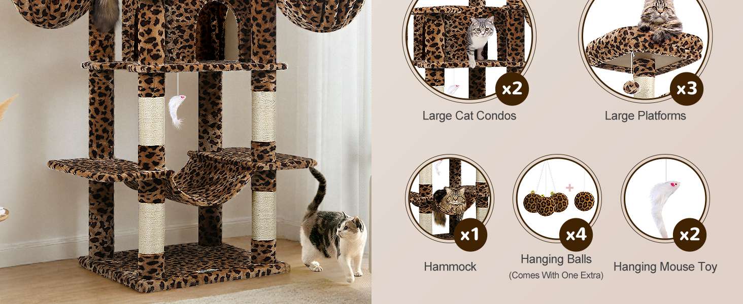 Torre rascador gigante de 204 centimetros con diseño de leopardo. 3 perchas superiores y condominios para gatos multiples.
