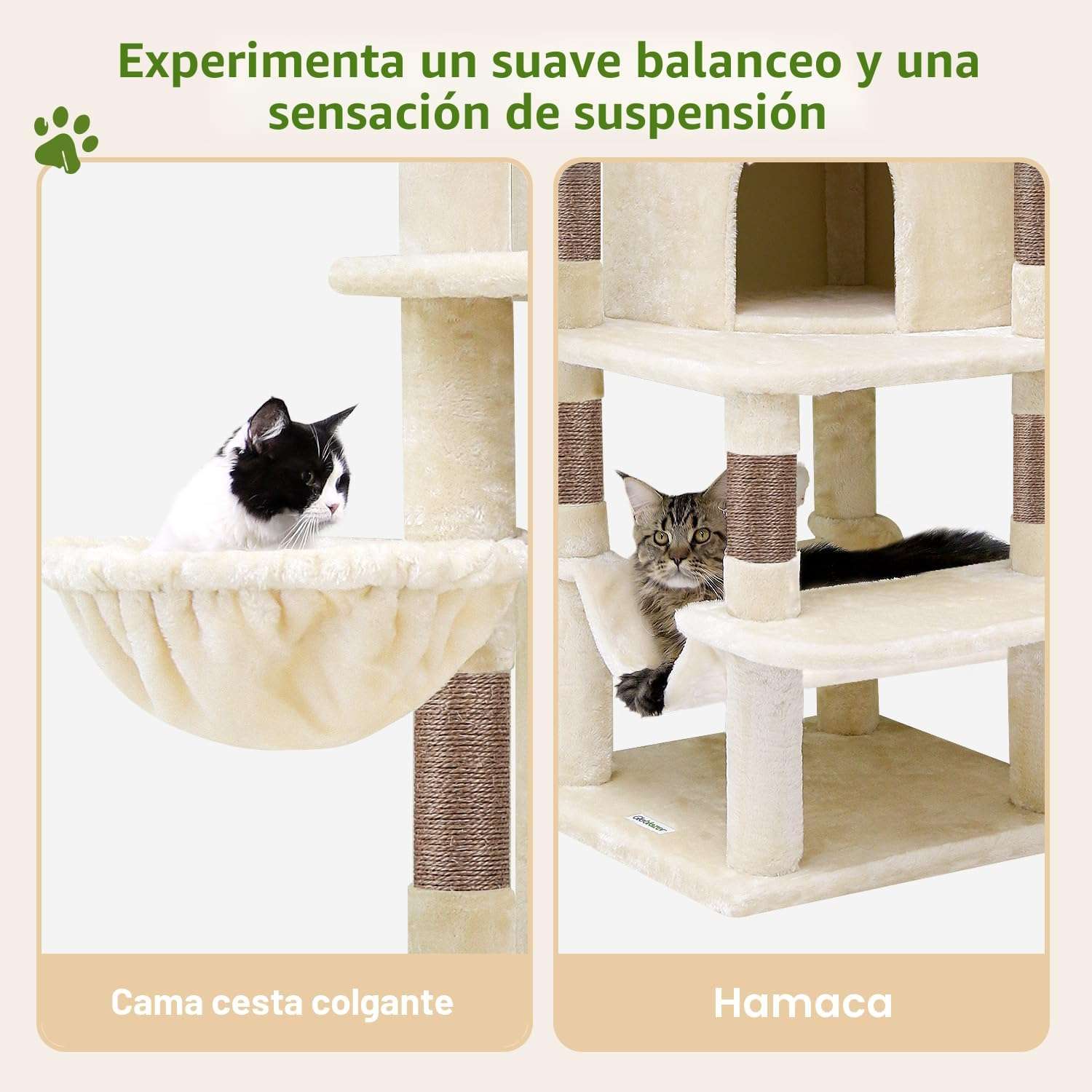 Torre rascador esquinera de 168 centimetros con base de 50 por 50 cm. Diseño curvo con hamaca cuadrada y cesta redonda para gatos.