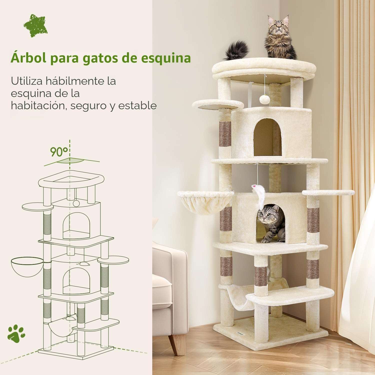 Torre rascador esquinera de 168 centimetros con base de 50 por 50 cm. Diseño curvo con hamaca cuadrada y cesta redonda para gatos.
